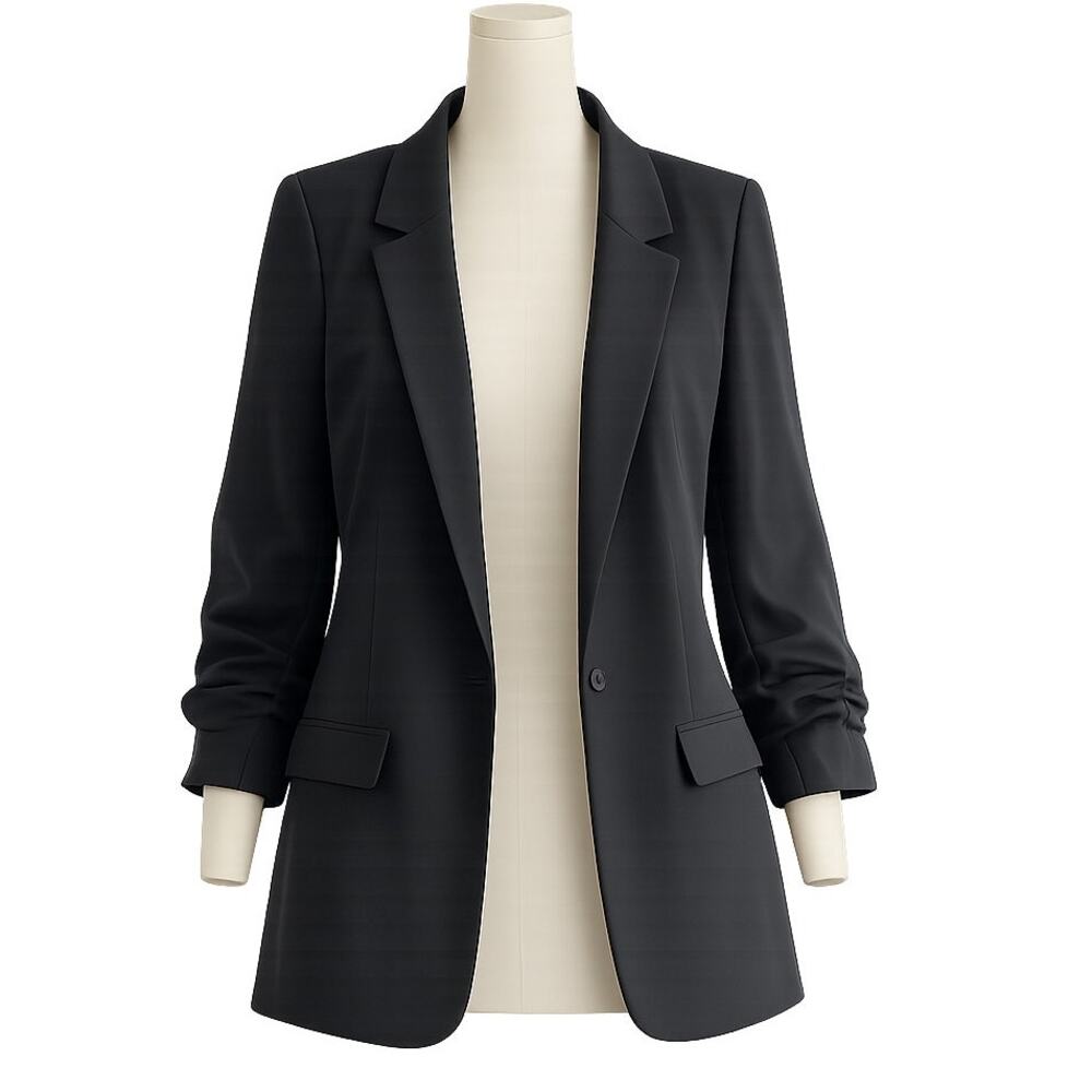 Eliza J Black Ruched Sleeve Blazer - Open Front Jacket - Size M